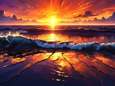 Sunset cloud colorful illustration landscape ocean reflections scenery scenic sun sunset