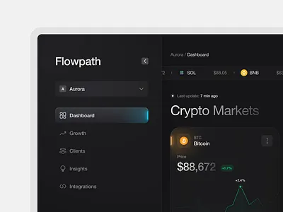 Crypto Markets Dashboard admin analytics app design blockchain crypto crypto market cryptocurrency dark mode dashboard digital assets exchange finance fintech investing platform saas trading ui wallet web app