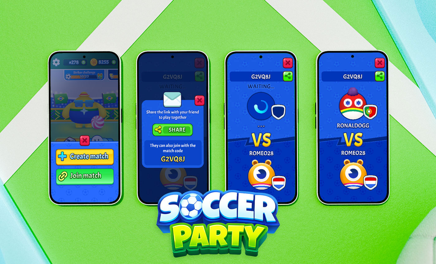 Soccer Party - "Play vs Friends" UX Flow app design game interface link logo mobile game multiplayer share soccer sports ui ux ux design