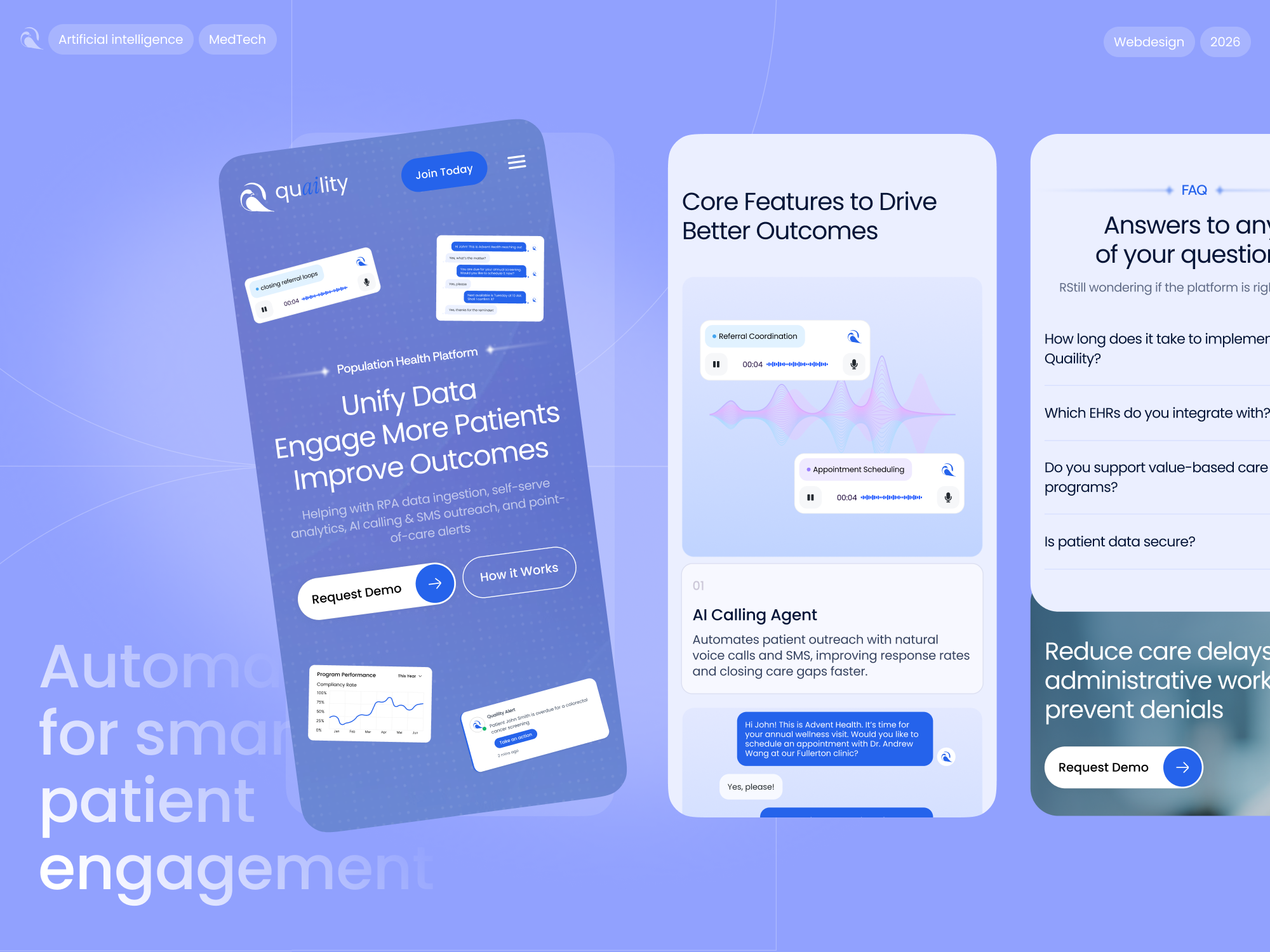 Quaility | AI-Powered Patient Engagement Mobile UI ai b2b figma framer landing page redesign responsive design saas startup ui ux webdesign webflow website website design wordpress