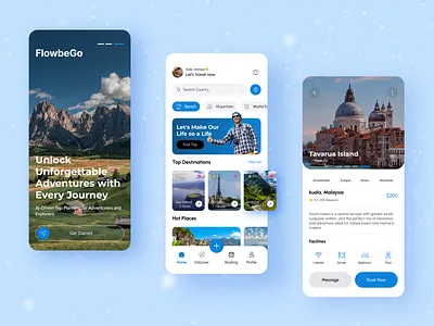 FlowbeGo – Travel App UI/UX Exploration app design appdesign branding cleanui explore travel figmadesign inspiring for travelers mobileappdesign mobileui modern layout moderndesign productdesign travelapp travelmobileapp uidesign uiux userexperience userinterface uxdesign uxdesigner