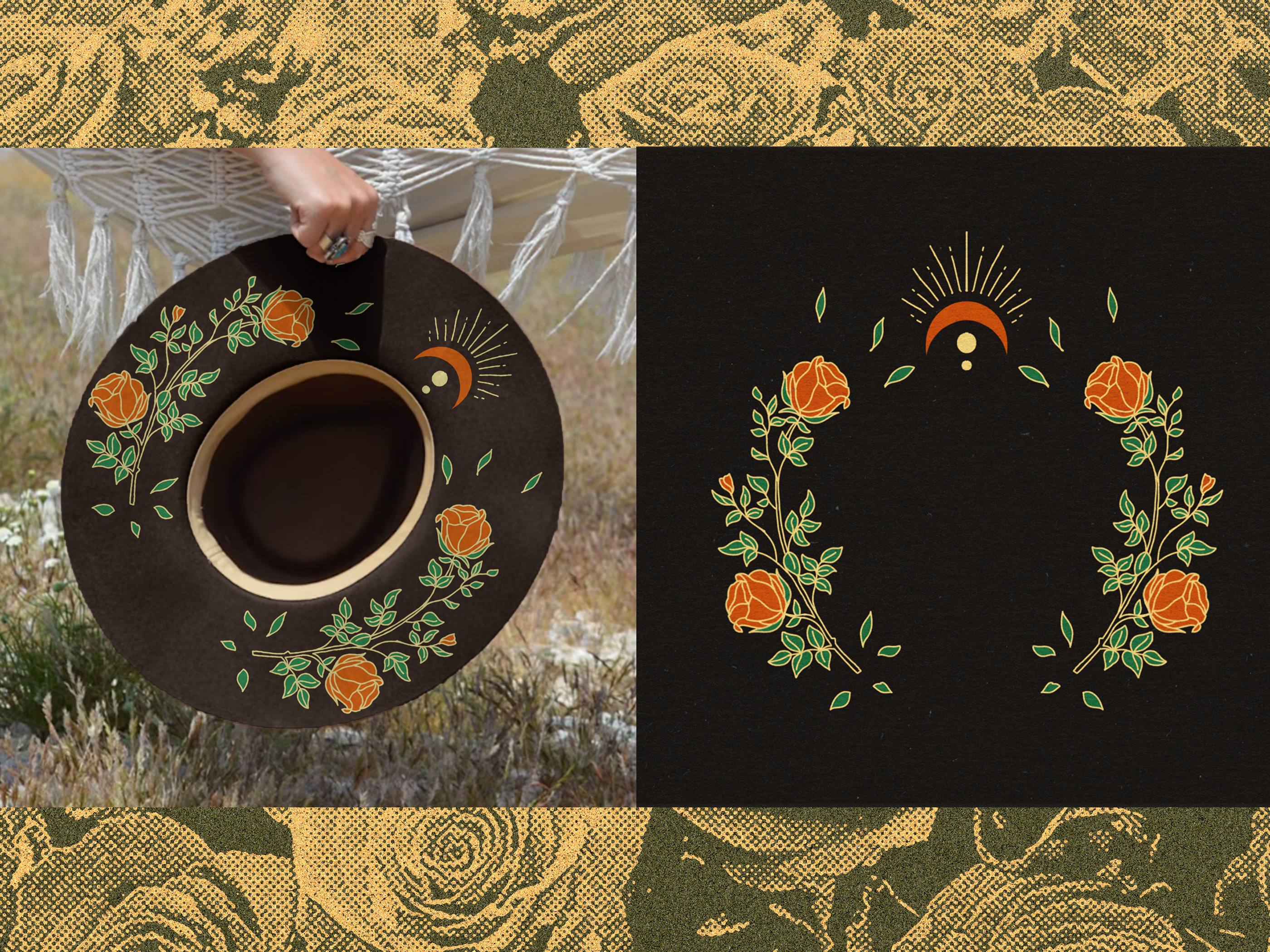 Celestial Rose Cowboy Hat Design apparel artwork bohostyle branding celestial design cowboy hat floral design flower graphic design hand drawn hat artwor illustration lineart merchandise retro design rose vintage vintage design vintage illustration western design