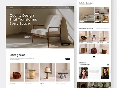 Lunora - Furniture E-Commerce Landing Page chair collection e commerce ecommerce furniture interior lamp landing page luxury online store product shop shopify sofa store table ui web design website