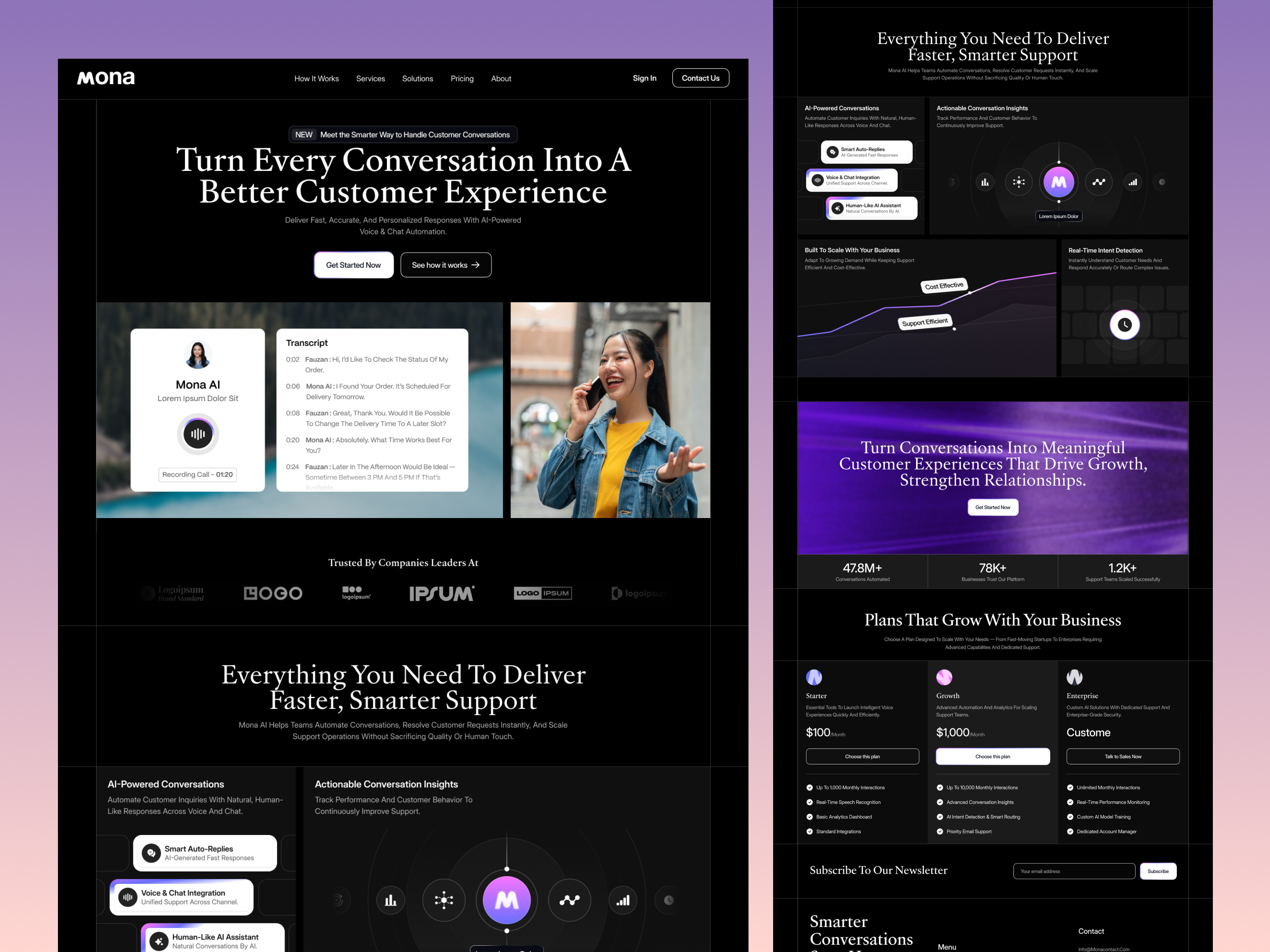 Mona - AI Customer Conversations ai business chat conversation customer dark design elementor framer landing mode page platform tools ui webflow website wordpress