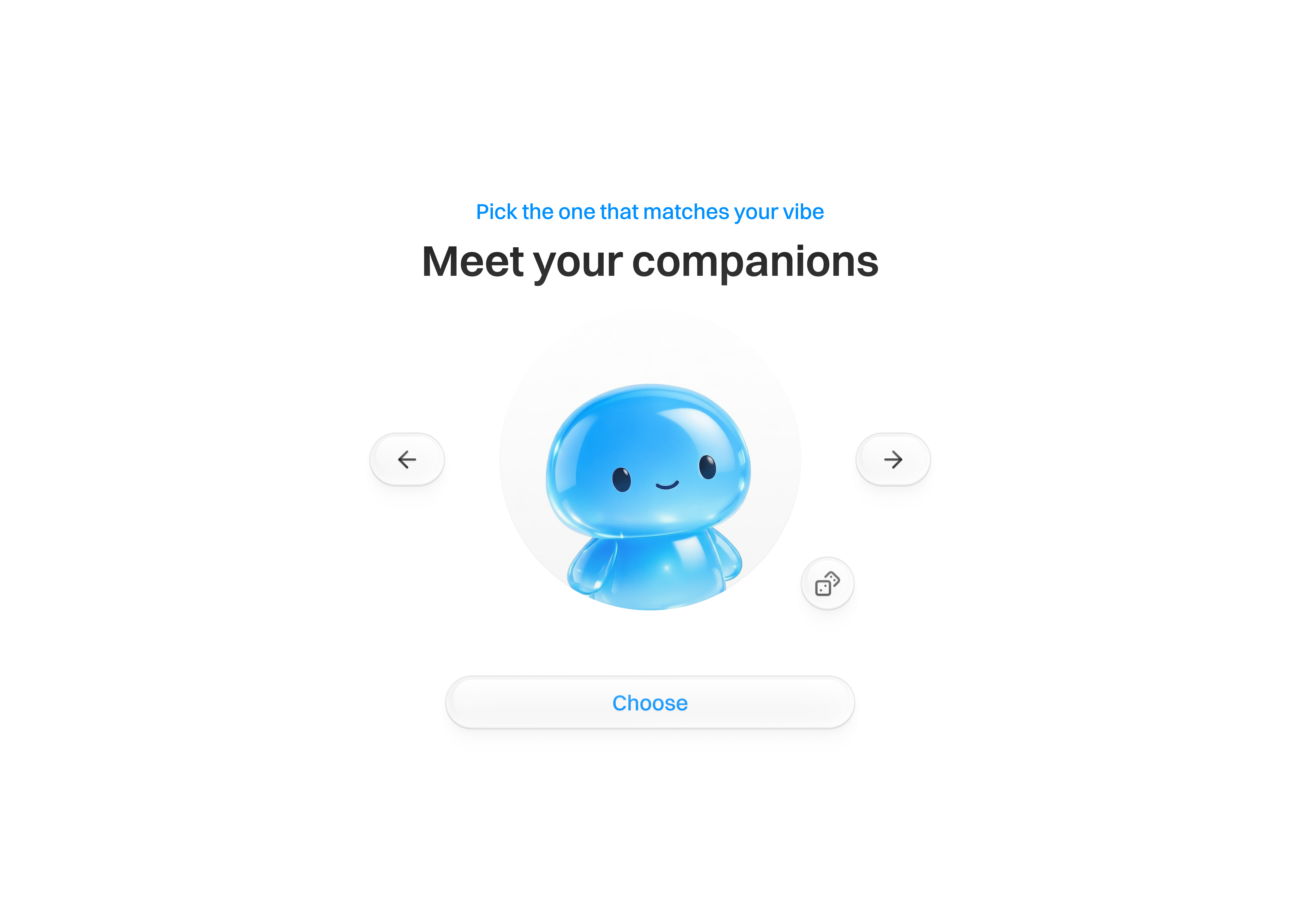 Companion Picker — Avatar-Based Onboarding UI 3d animation 3d icons avatar branding character dashboard illustration mascot product saas ui web app