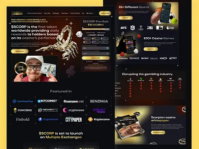 Crypto Casino Token Landing Page — $SCORP Presale blockchain cryptoart cryptodesign cryptoui cryptowebsite darkui defi digitaldesign figmadesign landingpage memecoin productdesign startupdesign tokenpresale uiuxdesign uxdesign web3design webdesign webdesigner websiteconcept