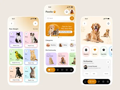 Pawlio – Pet Care Super App UI Design animal care app design design ios mobile app pet adoption pet app pet boarding pet care pet community pet marketplace pet service pet shop app pet sitter pet super app pet training pet walking petcare app product design ui design