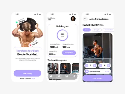 Modern Fitness Workout Mobile App UI Design fitness app fitness dashboard gym app health app ui health tracker mobile app ui mobile ui design ui ux design workout app workout tracker