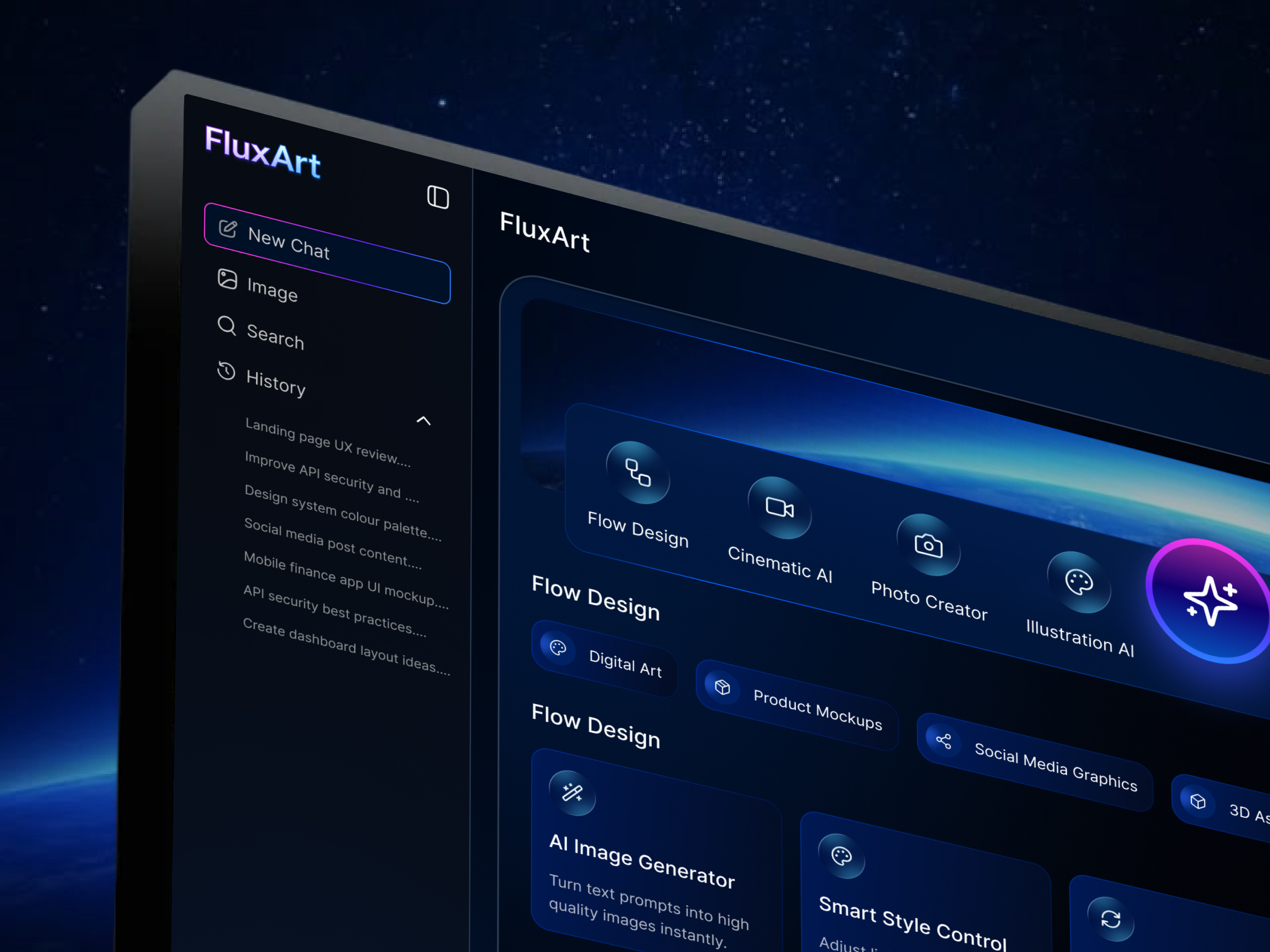 Futuristic AI Design Platform Dashboard | FluxArt admin dashboard ai art generator ai creative tools ai interface app interface design. creative platform creative studio ui dark mode ui dashboard ui design system digital art platform futuristic interface modern dashboard product design saas dashboard ui design user interface design ux design web app design web dashboard