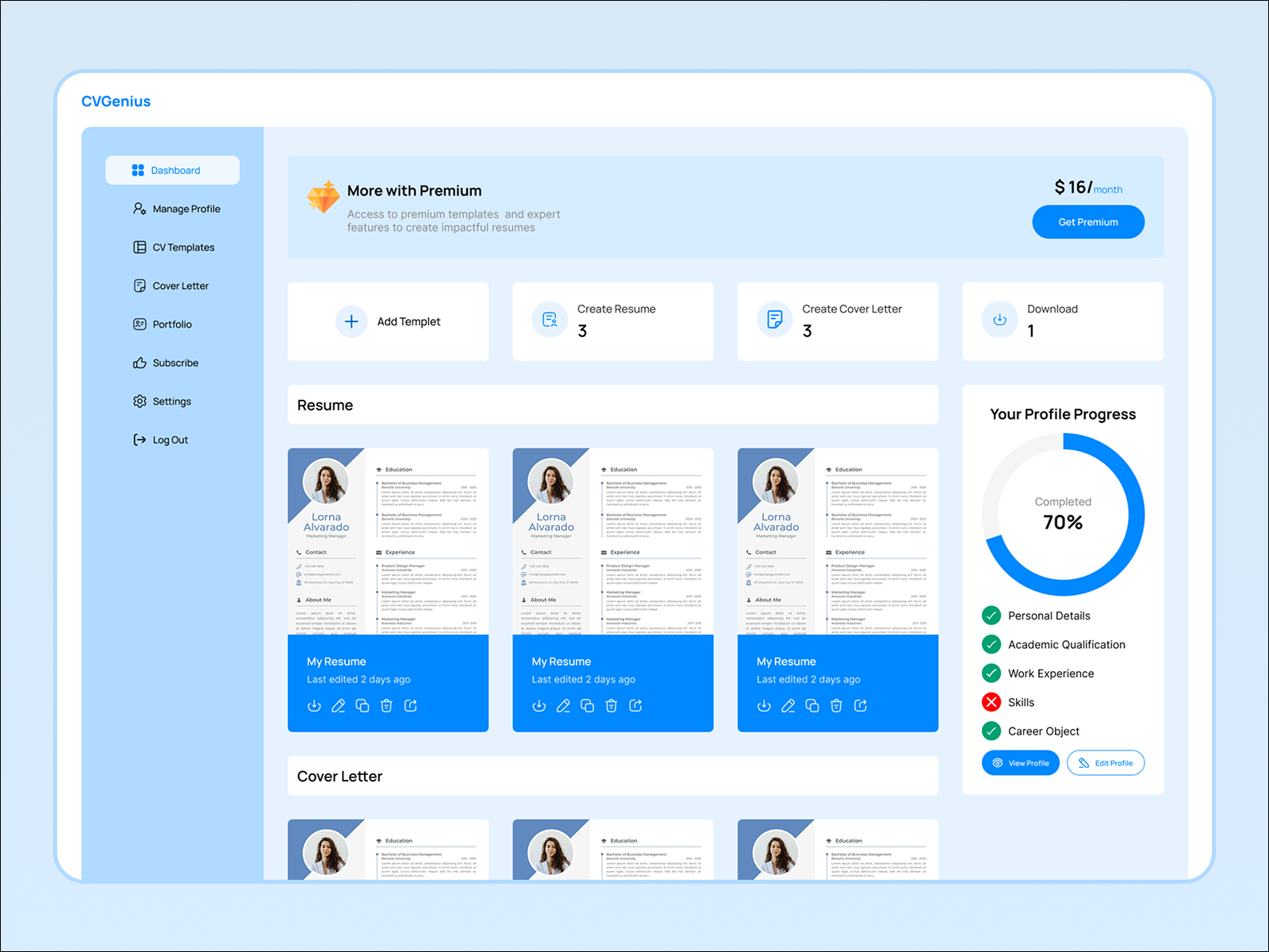 CVGenius – AI Resume Builder Dashboard UI ai resume builder ats resume clean ui cover letter generator cv builder dashboard ui design system interface design minimal design modern ui portfolio builder product design resume builder saas dashboard startup product template design ui design ui inspiration ux design web app design