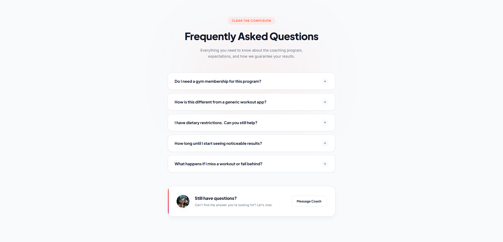 Conversion-Focused FAQ Section UI - Fitness Coaching accordion design coaching program conversion optimization customer support ui dietary restrictions elementor specialist elite branding faq section ui fitness website gym membership landing page lead generation lead retention premium web design responsive design results guarantee ux design web design wordpress development wordpress expert