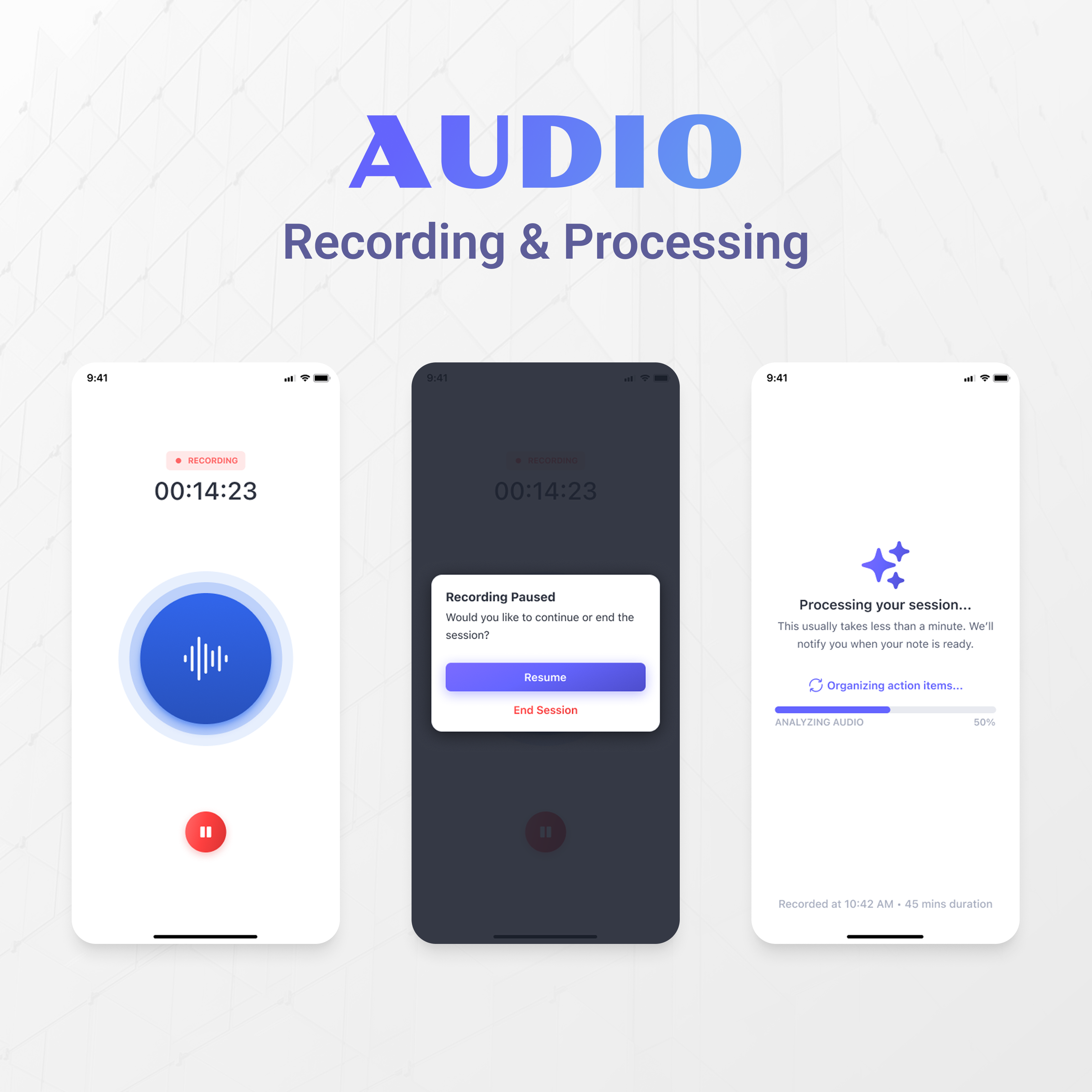 AI Audio Recording & Processing UI ai ai assistant ai meeting assistant ai notes app interface audio recording mobile app design mobile ui product design speech to text ui design voice recording