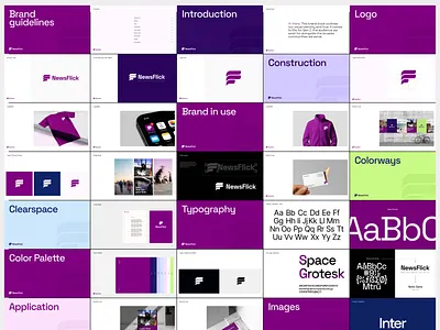 NewsFlick Brand Guidelines brand brand designer brand guideline brand identity branding color company logo flogo icon logo logo designer minimal logo mockup news presentation purple rebrand redesign style guide visual identity