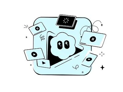 Illustration of AI service for video generation blue branding business cartoon character characterdesign cute digital flat gen illustration mascot minimal motion pastel saas service simple tech vector