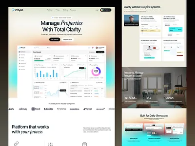 Propio | SaaS Landing page analytics dashboard b2b saas dashboard data visualization design system interface design landing page modern web design product design property management proptech real estate software responsive design saas software design startup website ui design ux design web design website design