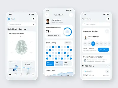AI Brain Health Monitoring Mobile App UI Design ai healthcare app design brain activity brain analytics brain health doctor appointment health monitoring health report health stats health tracker healthcare ui medical analytics medical app medical dashboard mental health mobile app neurology app patient tracking therapy app