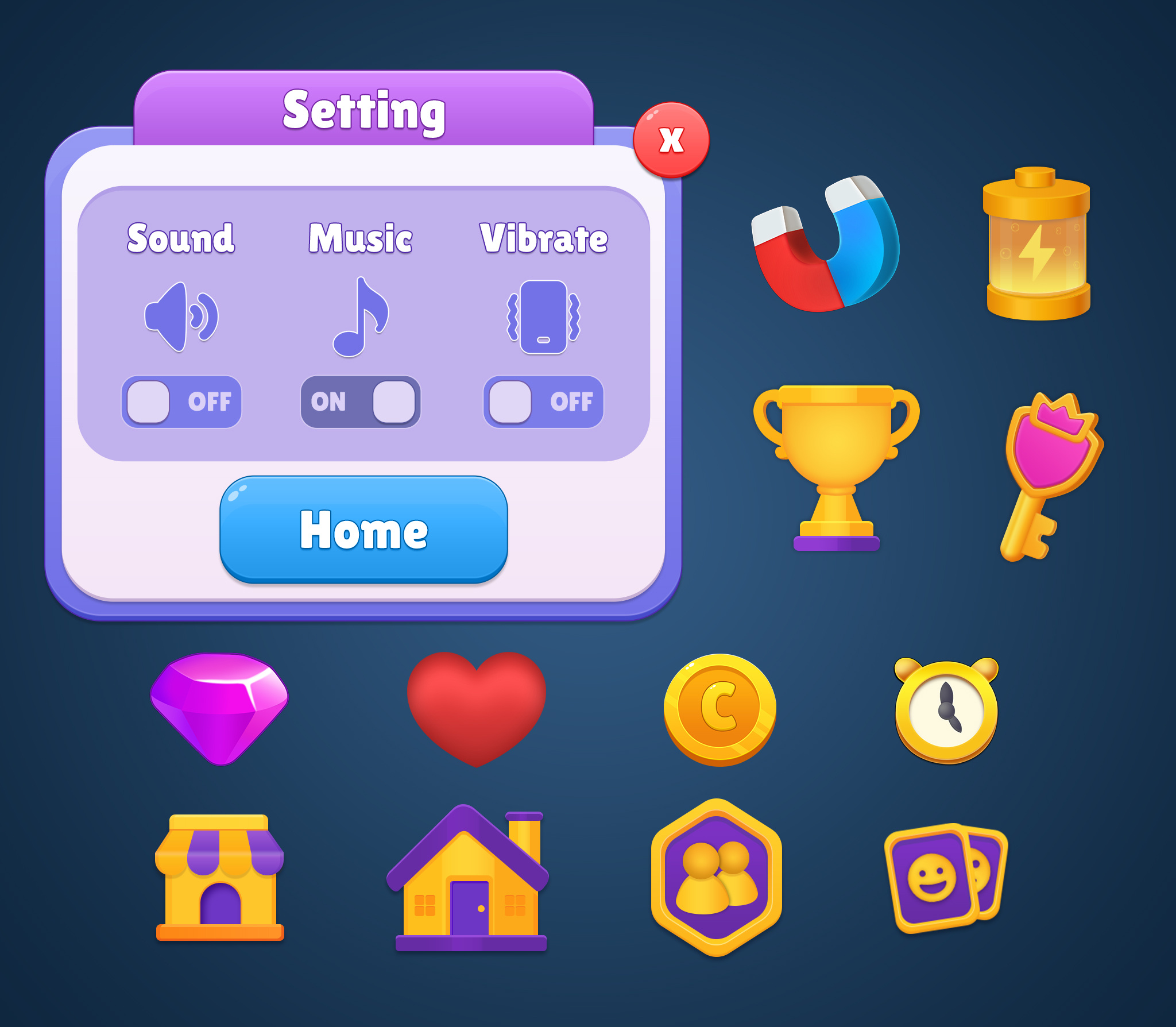 Colorful Mobile Game Settings Panel UI Kit buttons cartoon ui casual game design game interface game menu game ui graphic design illustration mobile game mobile ui settings ui ui ui design ui kit vector