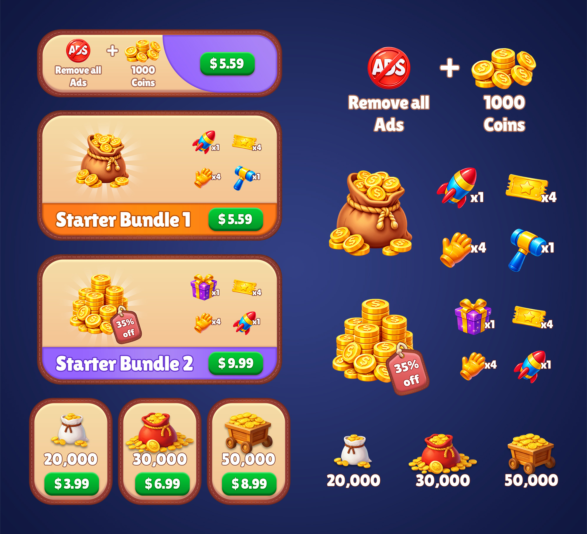 Casual Mobile Game Shop UI – Starter Bundle & Coin Packs buttons cartoon ui casual game ui design game assets game interface game shop ui game store ui graphic design illustration in app purchase ui logo mobile game ui mobile ui ui ui design vector