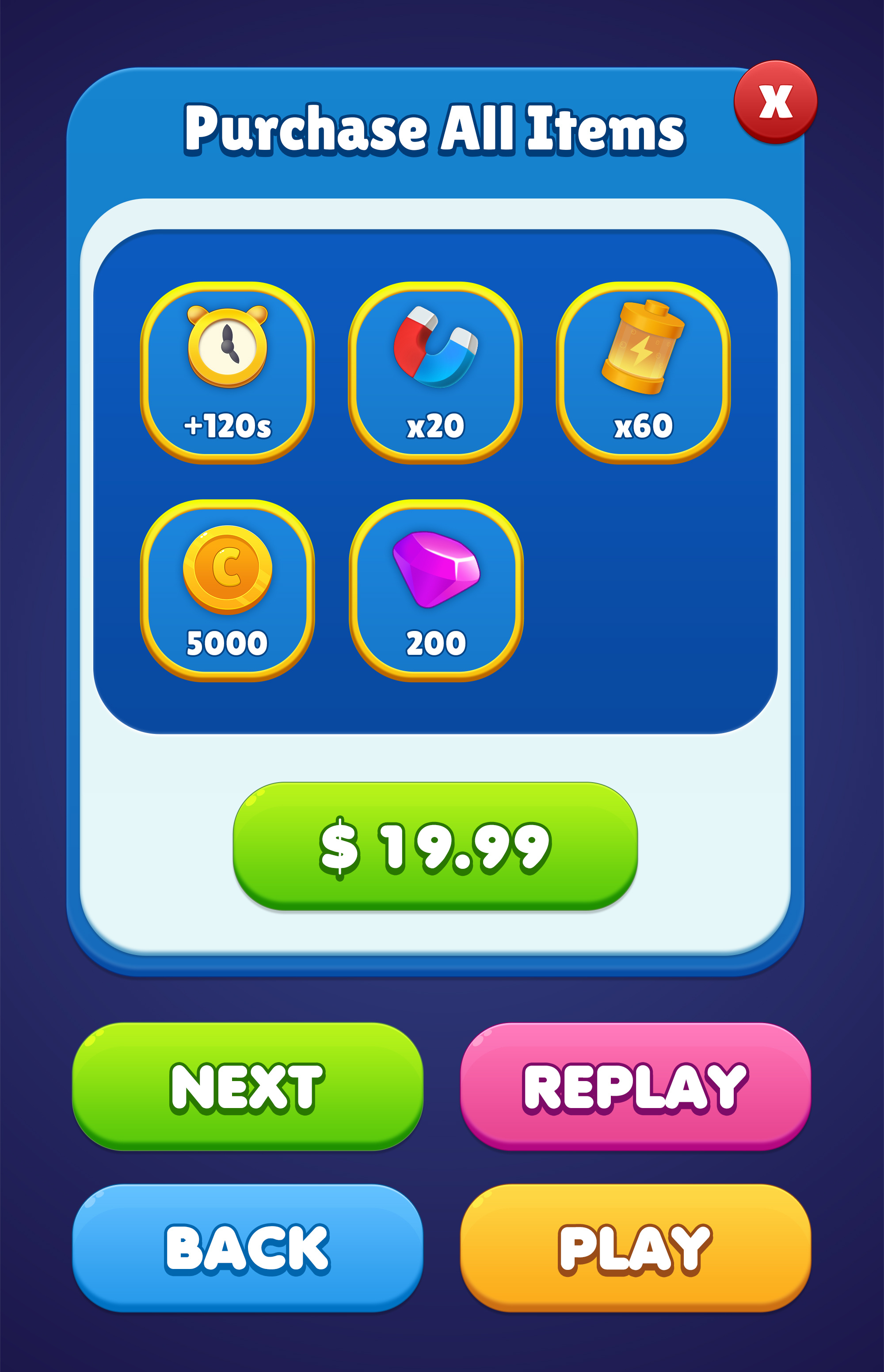 Mobile Game Purchase Popup UI – Boosters & Currency Bundle buttons cartoon ui casual game ui design game assets game boosters game interface game popup ui graphic design illustration logo mobile game ui mobile ui design purchase ui ui ui design vector