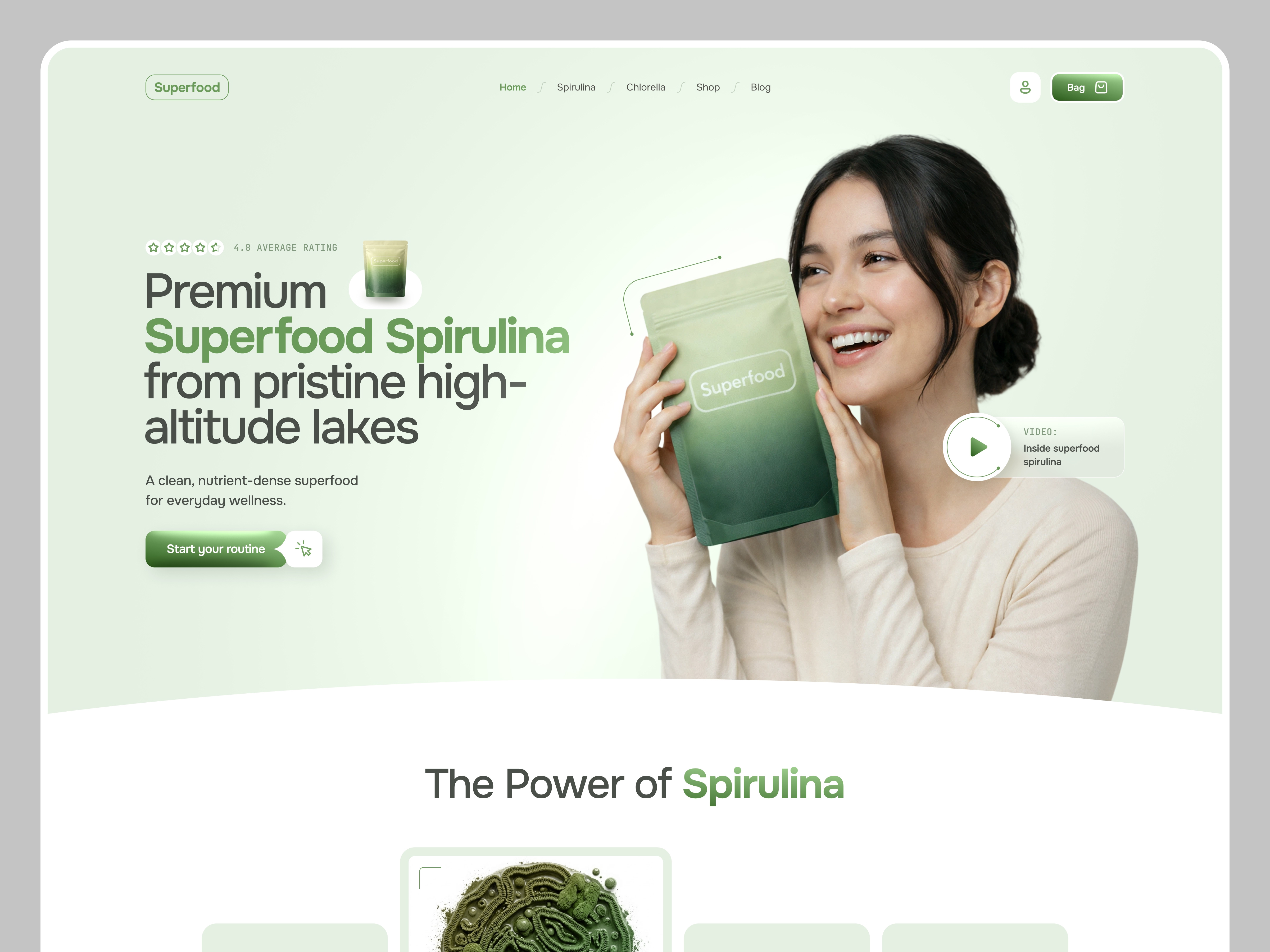 Superfood Spirulina — Wellness Landing Page UI cleanui greendesign health landingpage minimal moderndesign productdesign ui uidesign ux uxdesign webdesign website webui wellness