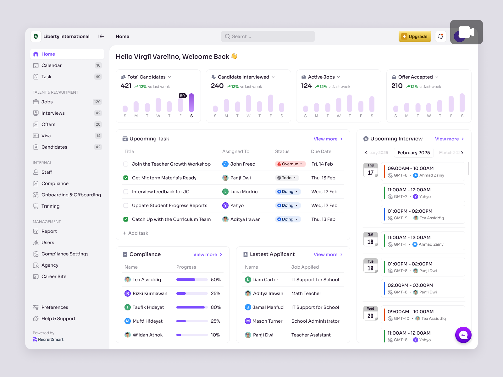RecruitSmart — Animated SaaS HR Dashboard for Schools candidate dashboard education homepage hr hr dashboard hr management hrm job product design recruitment system saas saas design school staff management task management ui ux web app web design