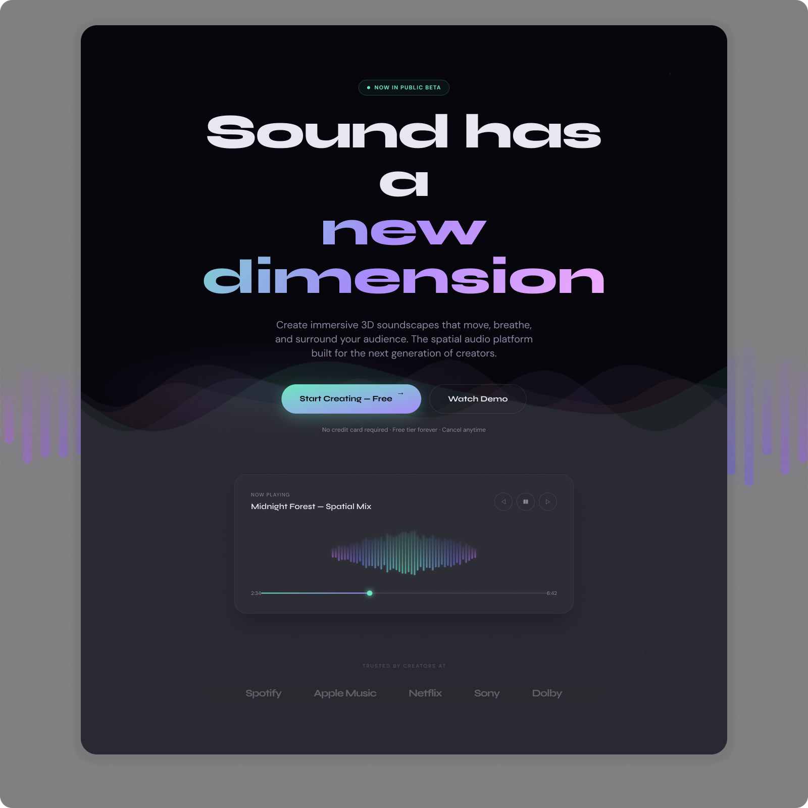 AURA — Spatial Audio Platform Landing Page creative platform dark theme dark ui hero section landing page landing page design pricing page product design saas design saas landing page spatial audio ui design ux design web design website design