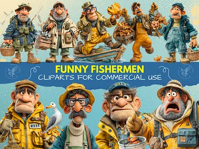 Funny Fishermen Clipart, Cute Fishing Illustrations cartoon clipart cartoon fishermen fishermen clipart fishing clipart funny fishermen planner clipart quirky fishermen scrapbooking clipart workers clipart