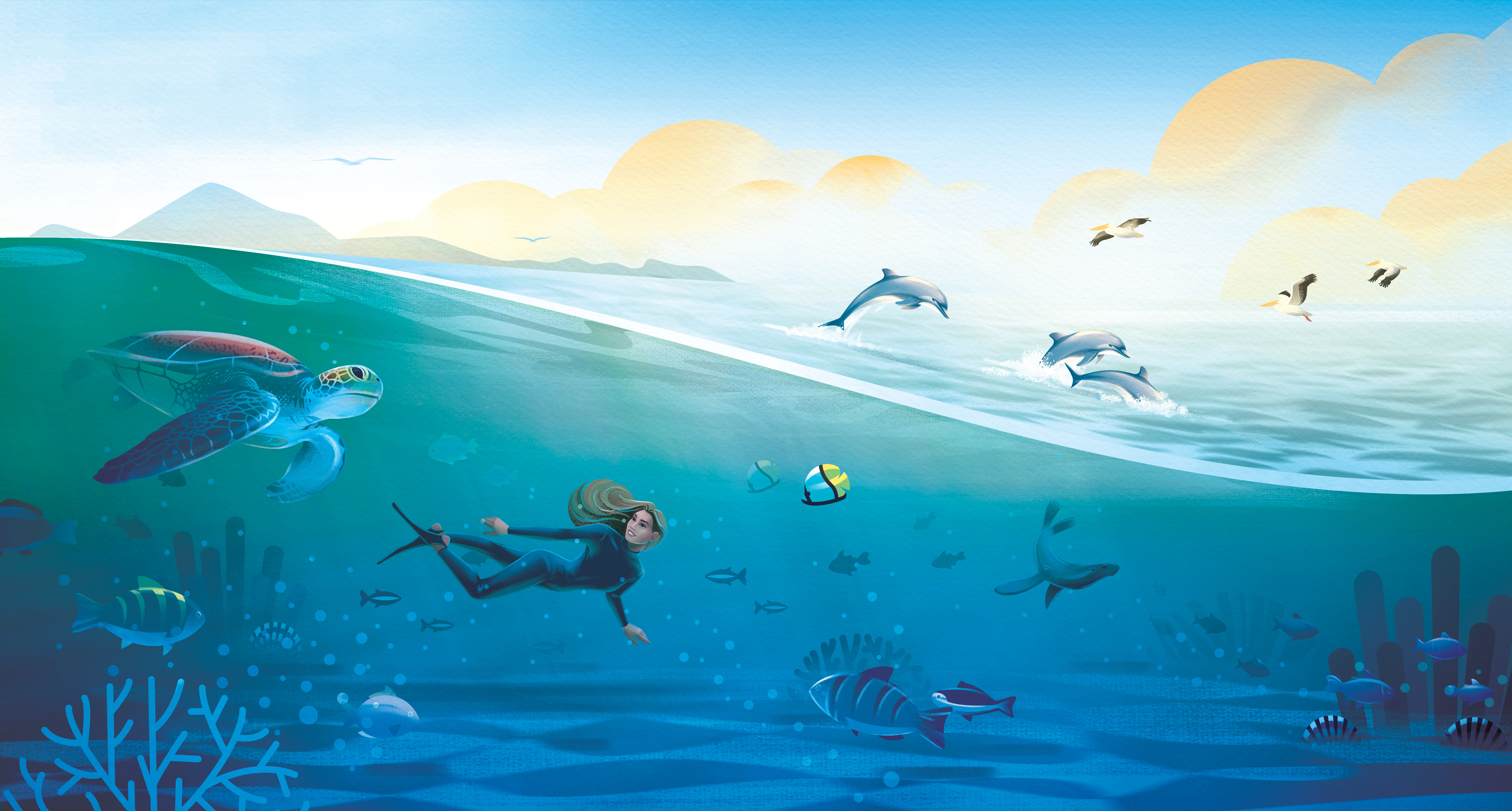 Marine life character colorful corals diver diving dolphin fish girl illustration ocean pelican sea sea lion summer swimming texture turtle woman