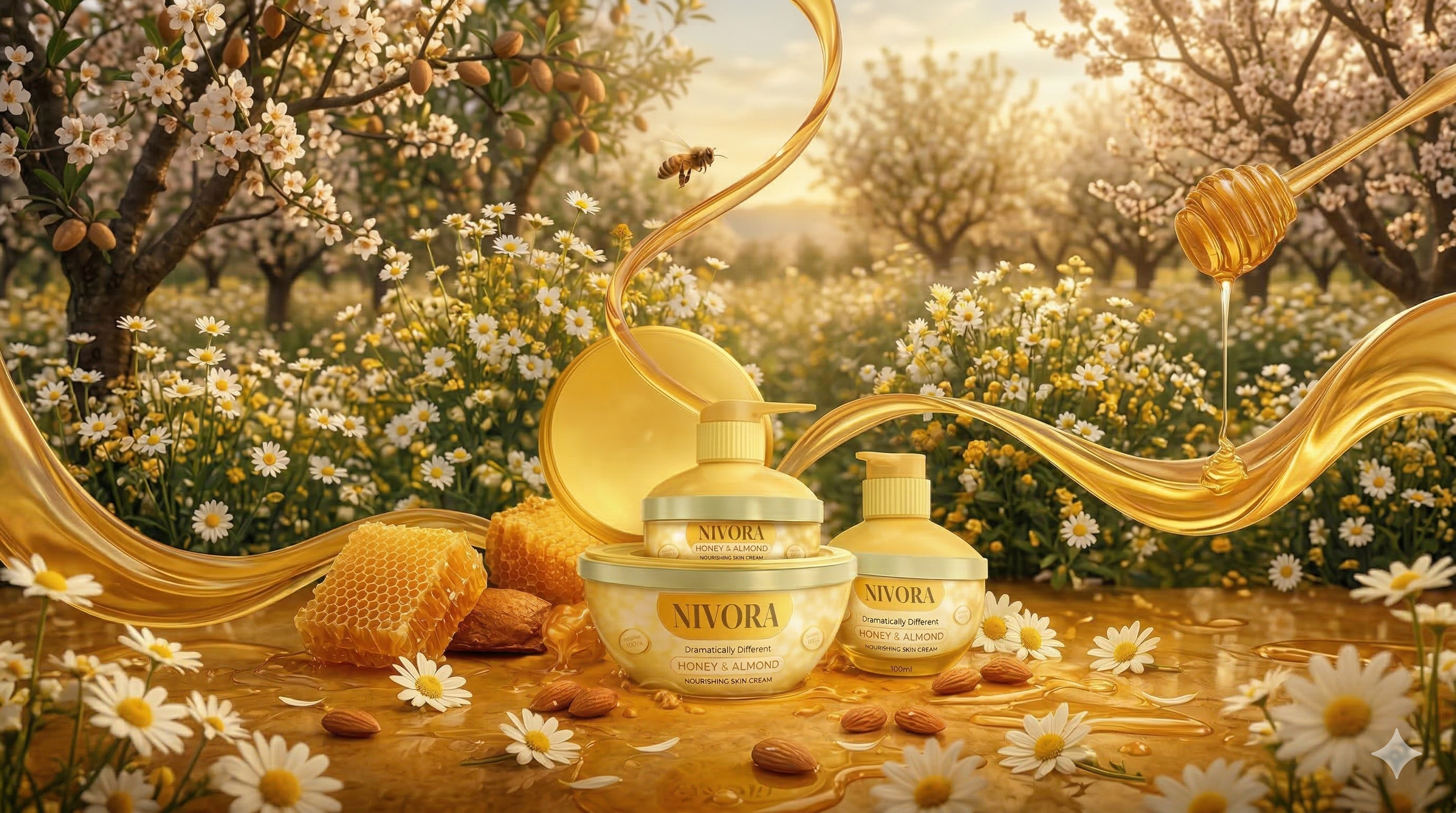 Nivora: Honey & Almond Skincare Collection brandidentity branding creativity designcase designinspiration digitalart dribbbleshot graphic design honeyandalmond luxurybeauty packaging design premiumproduct productphotography skincarecollection social media post