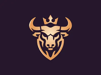 Golden Crowned Bull Protection Logo animal branding bull creative design finance golden graphic design icon logo logos luxury mascot modern protection shield unique vector