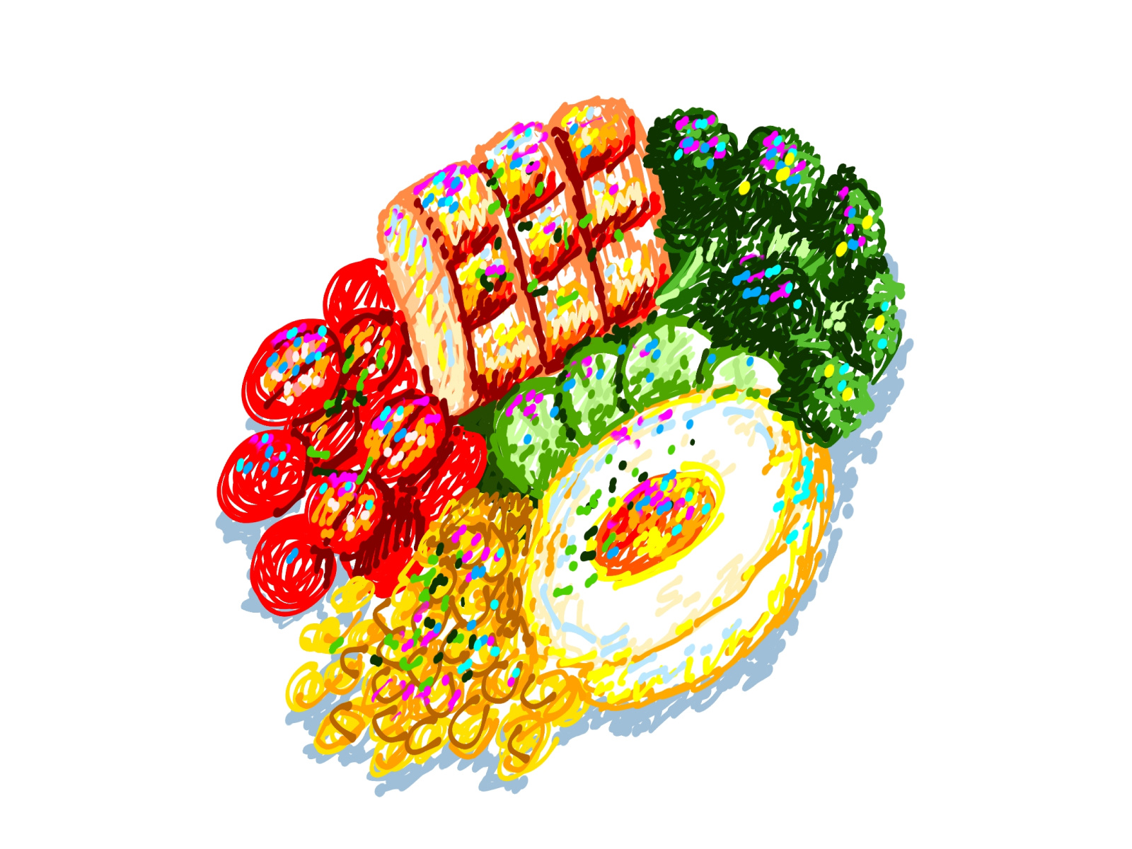 Breakfast Scribble branding breakfast broccoli eggs fish food illustration morning salmon tomato vector vegetable