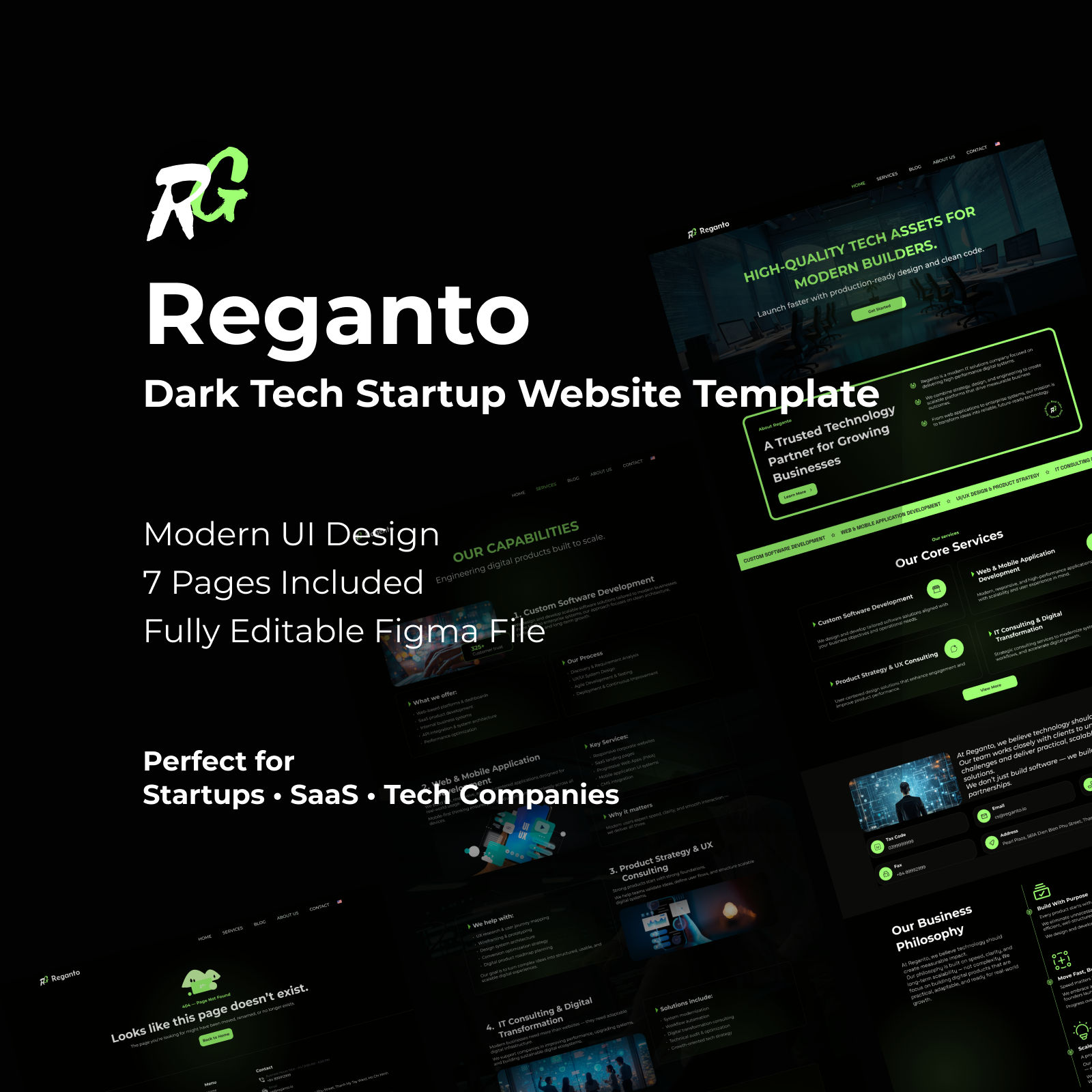 Reganto – Dark Tech Startup Website dark ui figma template landing page tech startup ui website template