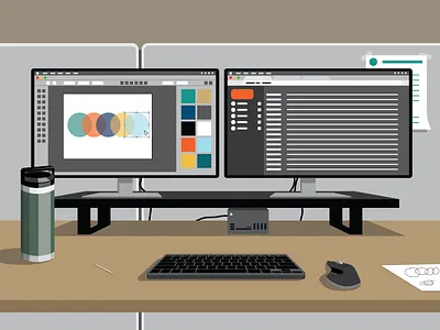 Graphic Design Work Desk adobe illustrator career computer computer monitors cubicle designer desk desktop graphic design graphic designer illustrator job keyboard laptop monitors mouse office screens work yeti