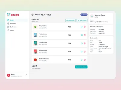 Amigu Subscription Box Order Details Dashboard b2b cart customer dashboard design dispatch managment inventory order management orders pet pet boxes product details saas shopify subscription warehouse web app design