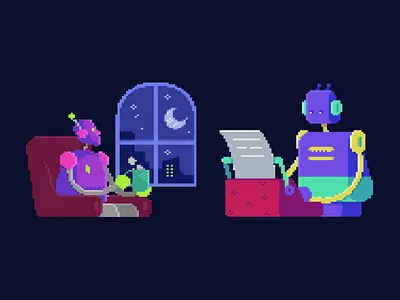 Pixel Art Illustration Collection ai robots branding break time cat design dog getillustration icons illustration pixel art pixel illustrations pixelart robots robots at night saas illustration svg illustration typing assistant vector vector illustration website illustration