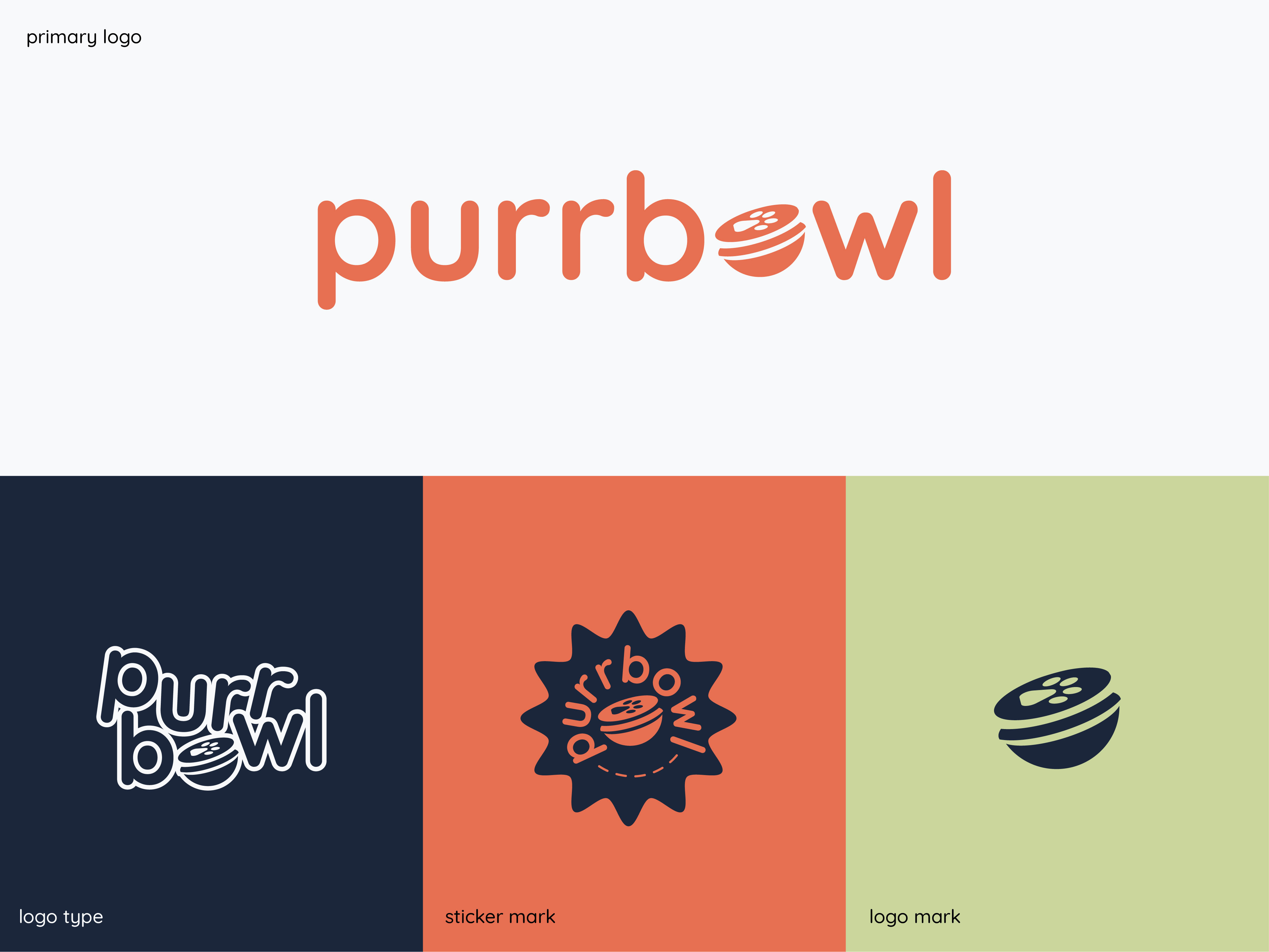 Logo branding for a cat food brand called "Purrbowl" branding branding design cat food logo logo brand logotype organic typography