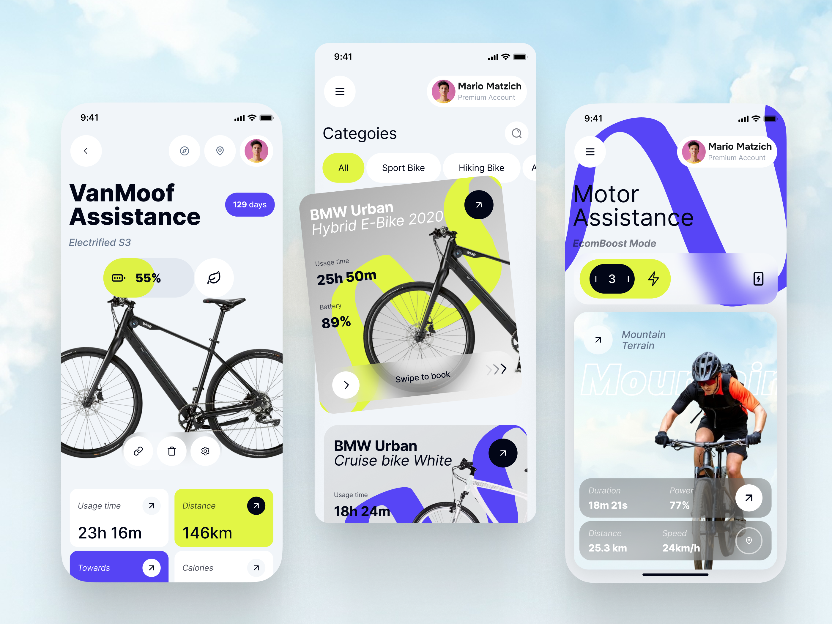 VanMoof Assistance — E-Bike Companion App 🚴‍♂️⚡ appdesign bikeapp bikeinterface cleanui cyclingapp ebikedesign ebikeui electricbike electricbikeapp glassmorphism graphic design neumorphism smartbike ui uiuxdesign ux