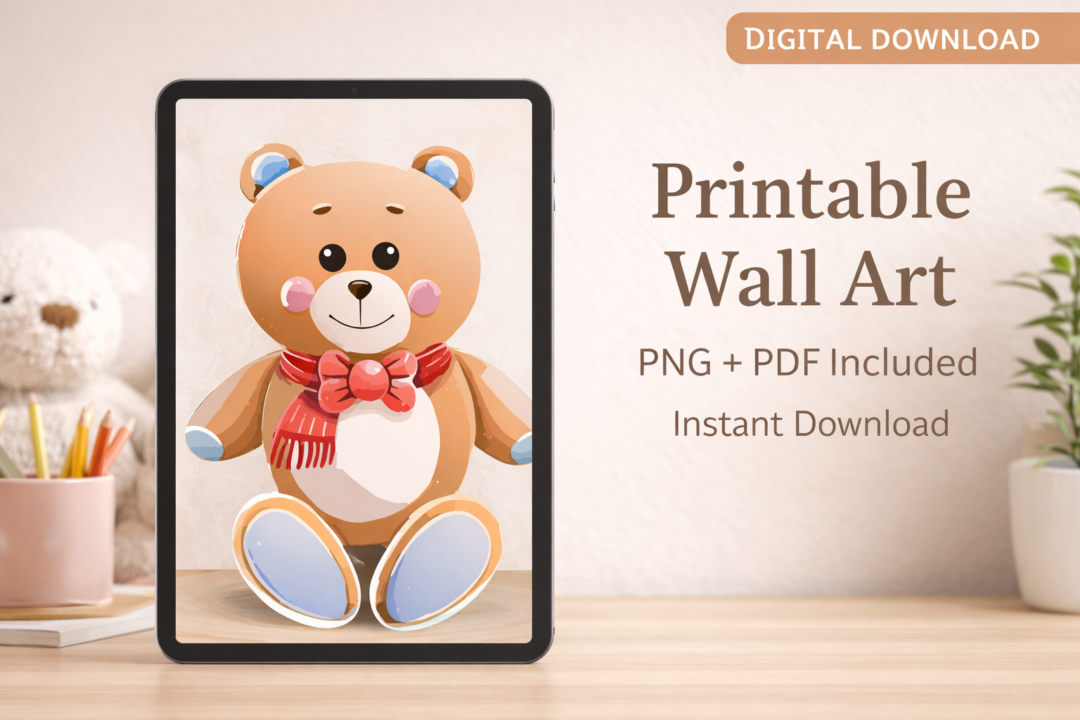 Cute teddy bear illustration designed as printable nursery wall