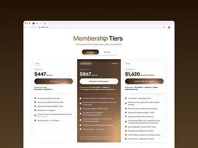 Health Membership Pricing UI | Masterly healthtech membership website peptide store peptides pricing table shopify design shopify development ux ui web design wellness website