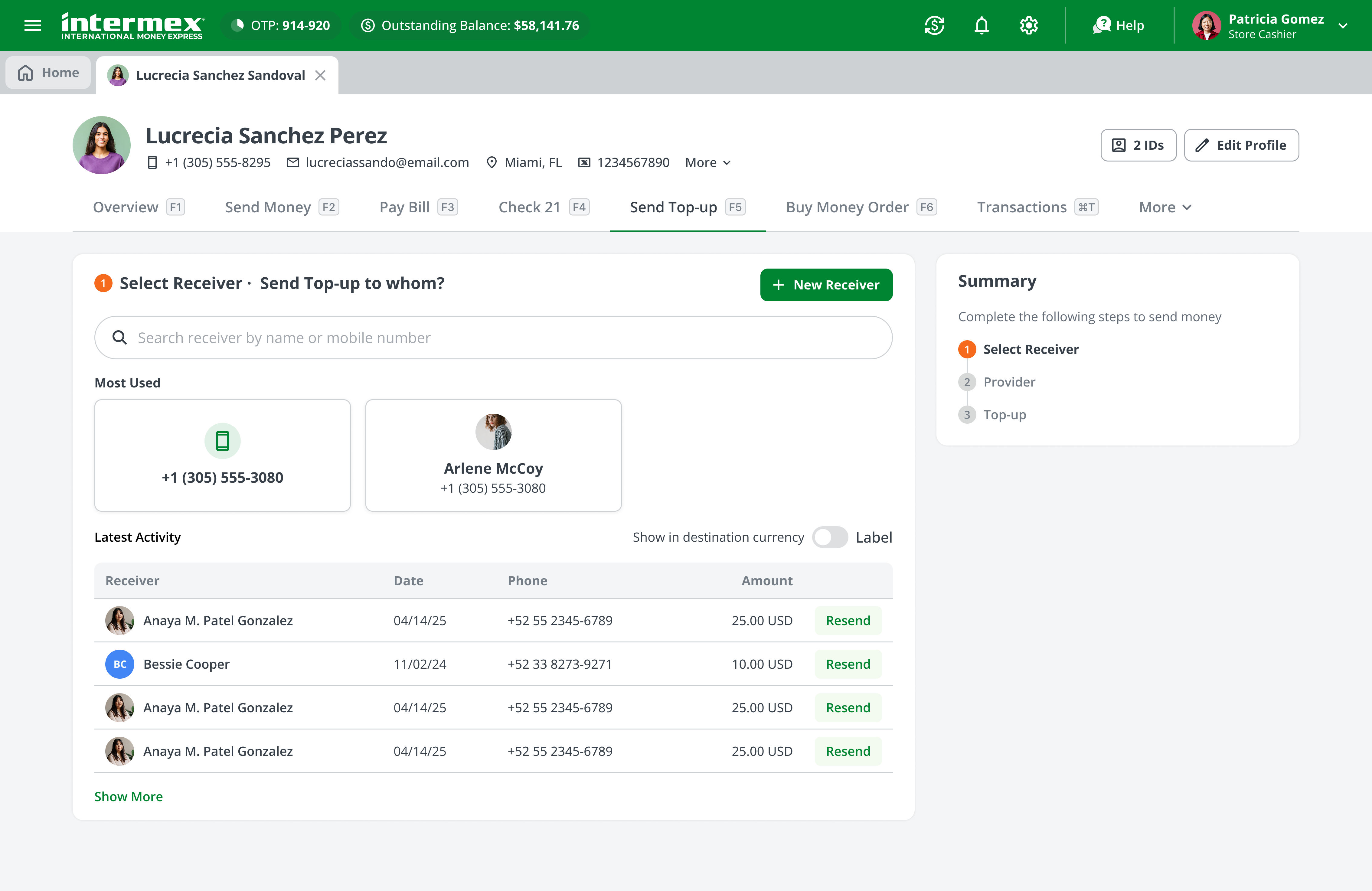 Intermex dashboard top up