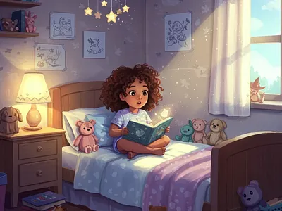 Midnight Magic The Bedtime Storyteller bedtime story character design childrens book illustration childrens publishing cozy bedroom cute girl character digital painting dream world glowing book imagination art kidlitart lighting study magical book night time scene nursery decor picture book artist storybook style vibrant colors visual storytelling whimsical art