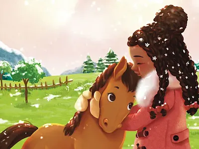 Winter Whispers A Story of Friendship character design childrens book illustration childrens publishing cute characters digital painting emotional illustration girl and horse heartwarming art horse lovers kidlitart narrative art picture book artist pony art snow scene storybook style vibrant colors visual storytelling whimsical art winter meadow winter wonderland