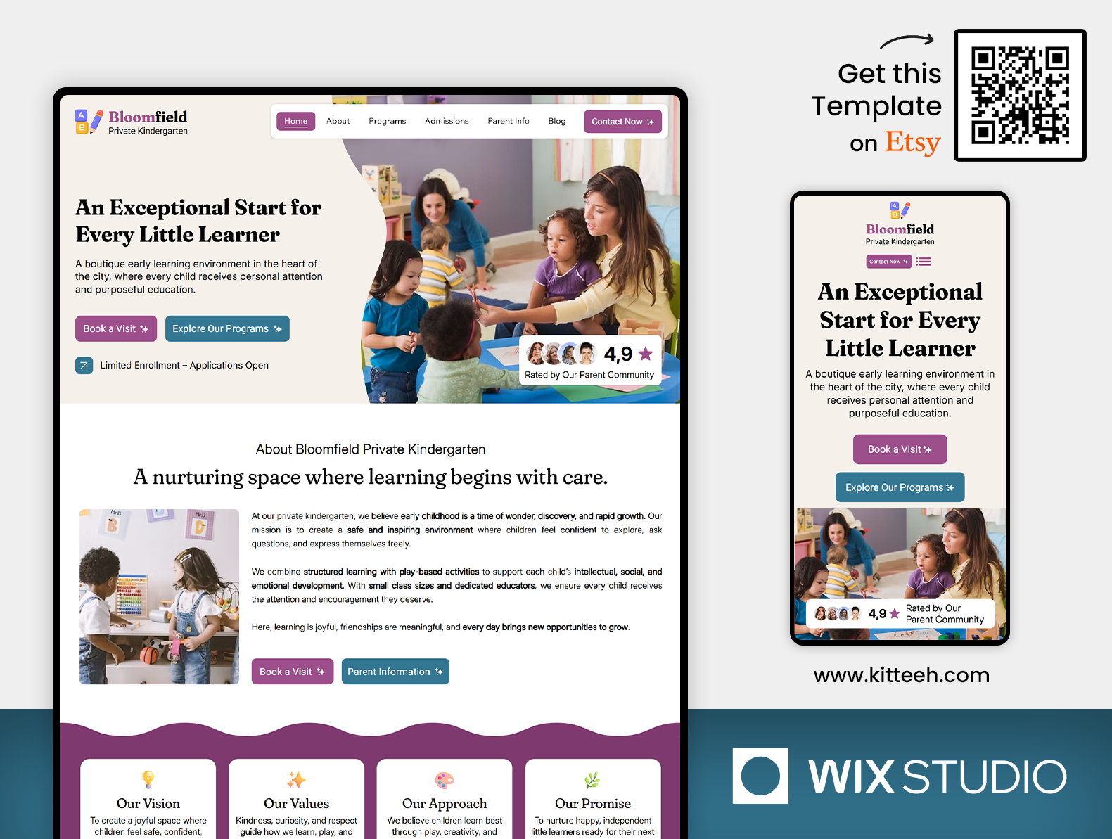 Children’s Learning Wix Studio Website Template childrens program colorful ui creative school daycare services e learning kids early childhood education platform educational tech kids learning ui kindergarten web learning management montessori school nursery website parent resource ui playful design preschool design school landing page teacher portal wix studio template youth education