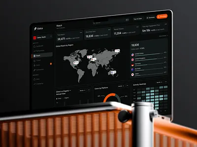 Estics ⎻ Web Audience Dashboard agency tools ai powered audience intelligence b2b saas compact ui dark ui dashboard data visualization figma growth analytics heatmap martech product design saas traffic analytics ui design ux design web analytics web app world map ui