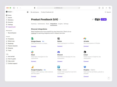 Feedbase - Integration Page breadcrumbs button connect dashboard design icon integrate integration logo pro saas search sidebar tab ui upgrade ux webapp website