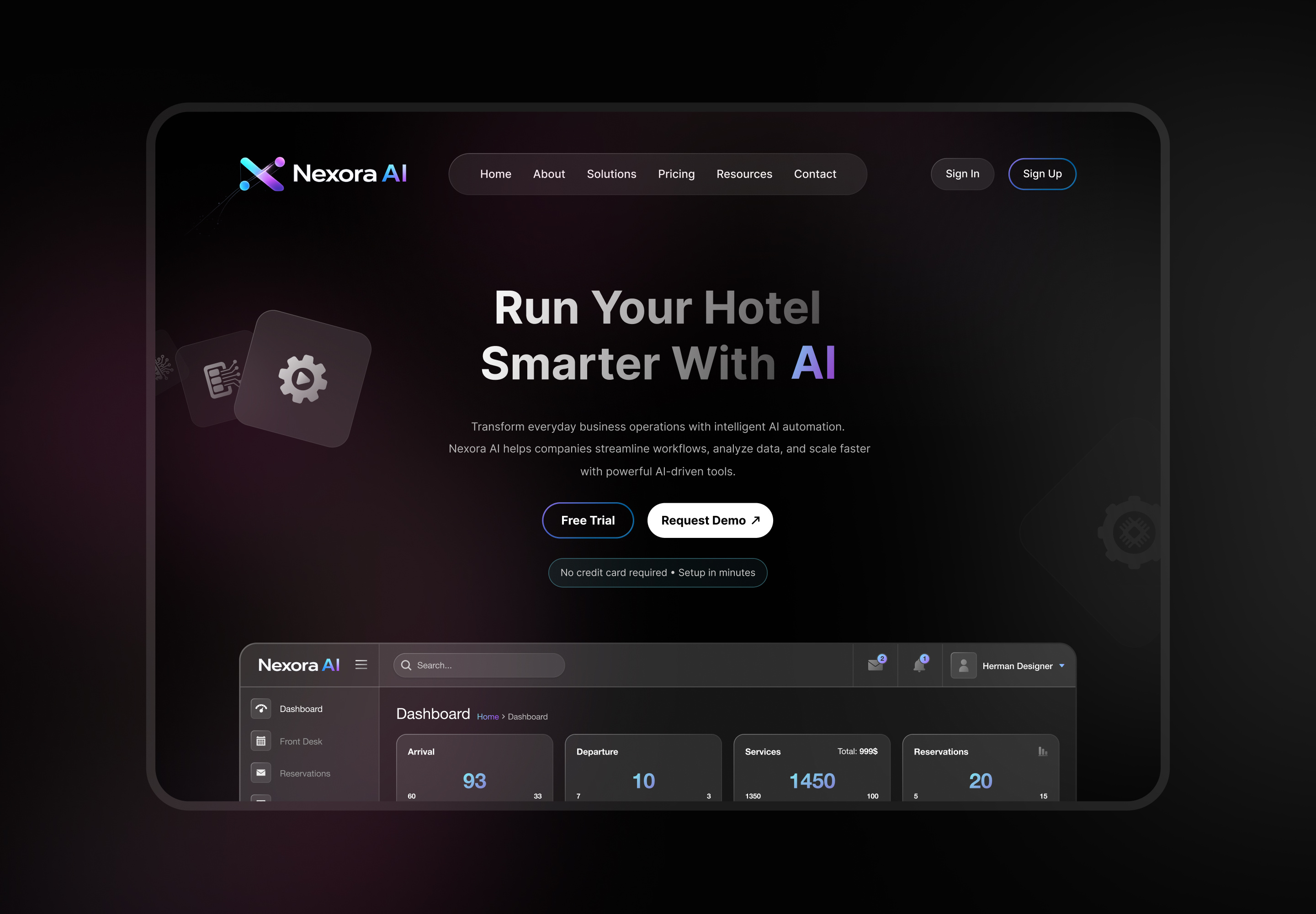 Nexora AI — Smart Hotel Management System admin panel ai crs dashboard hospitality hotel software landing page product design saas ui ux uxui design