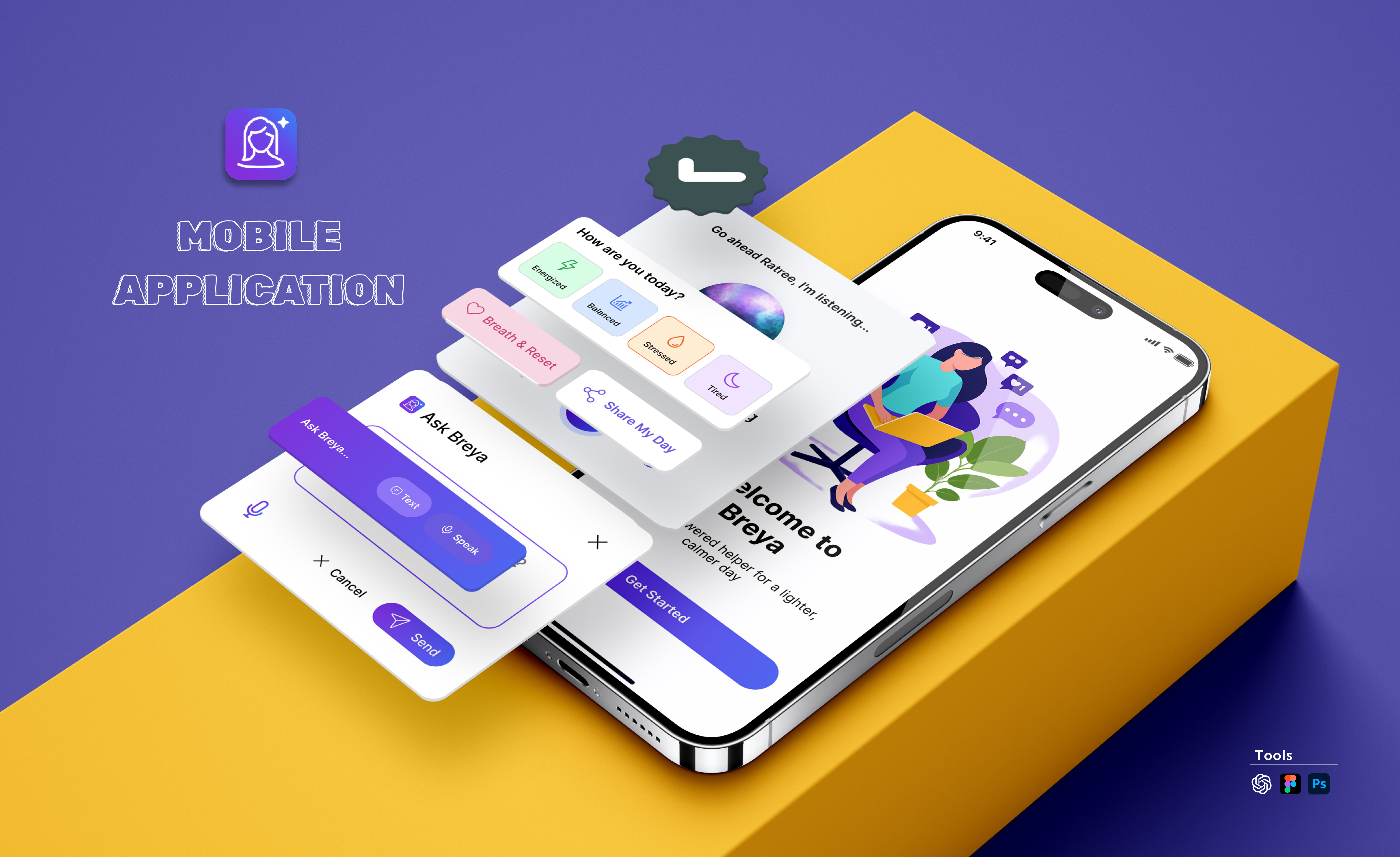 AI-Powered Life Assistant Mobile Application ai ai agent ai assistant all in one app breay breya ai clean ui emotional support figma full application mobileapp modern design photoshop track mood ui ui design uiux user friendly app voice note