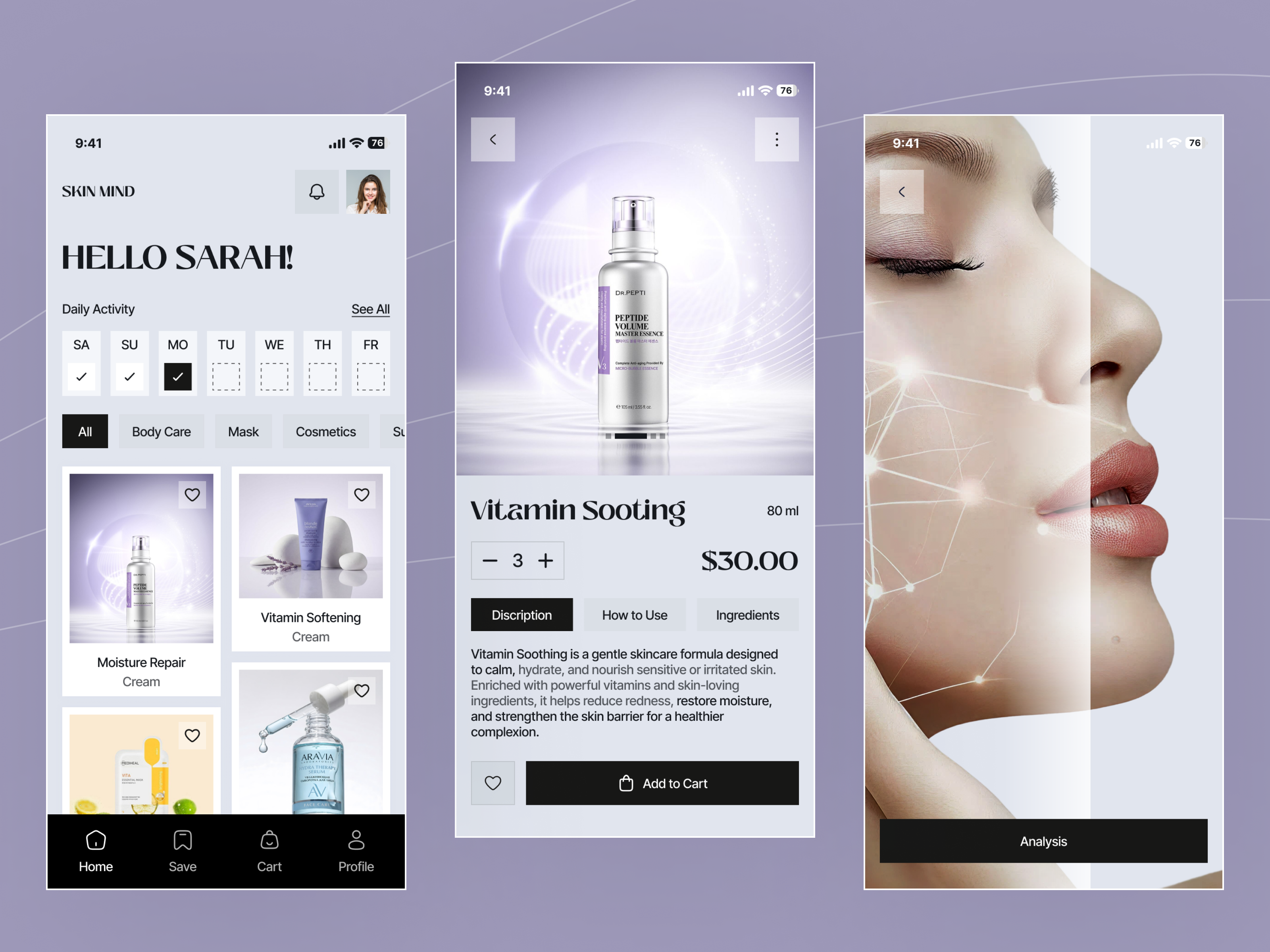 SkinMind – Beauty & Skincare Experience App appdesign beauty ai beauty app design beauty tech care app cosmetics app discover ecommerceapp makeup app mobile app mobile app design mobile app ui product design shop shopify skin analysis skin care app skin health skincare app web
