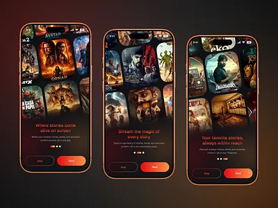 Movie Streaming Mobile App – Onboarding UI Design appdesign appinterface cinematicui darkui designinspiration designveli entertainmentapp entertainmentui mobileappdesign mobileui moderndesign movieapp moviediscovery moviestreaming onboardingdesign onboardingui productdesign streamingapp uidesign uiuxdesign