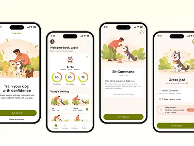Trainly — Dog Training Mobile App UI app appdesign clean design dogtraining friendly illustrations minimal mobileapp mobileui pet petapp ui uidesign uiux ux visualdesign